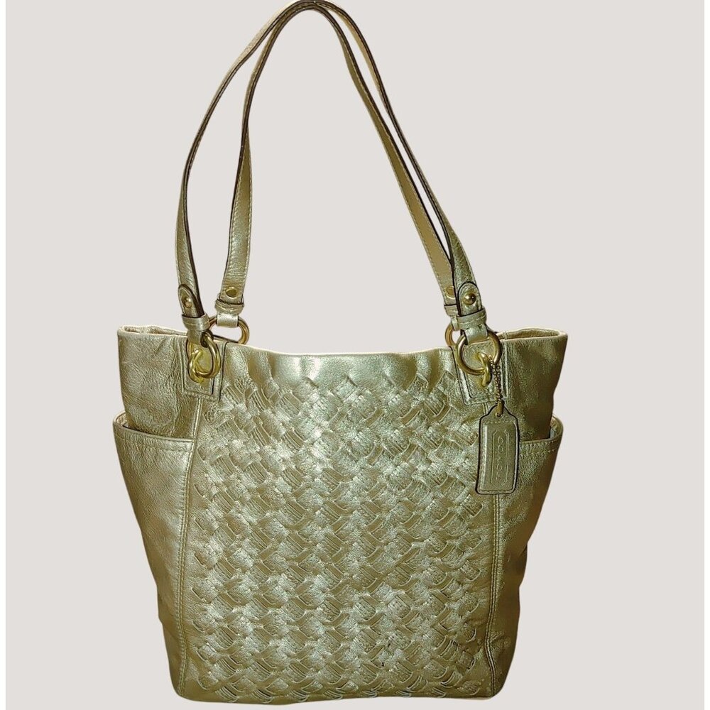 Coach North South Leather Gold Metallic Tote Handbag Bag Woven Dual Handles